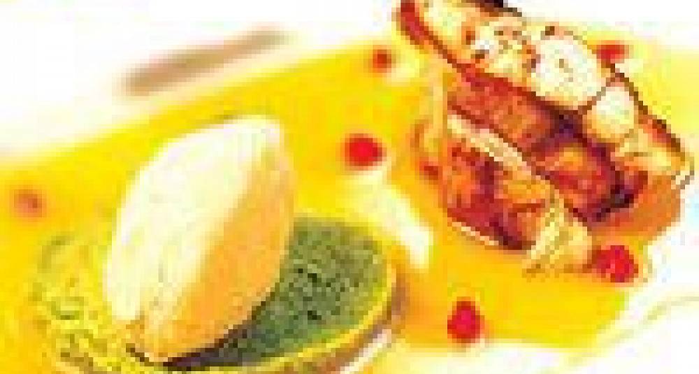 Breiflabb med petit pois-puré, polentaegg og pasjonsfruktcoulis