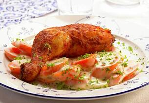 Grillede kyllinglår med stuede gulrøtter