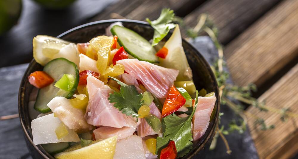 Ceviche av tunfisk og laks med Granny Smith-epler