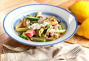 Penne tricolore med krabbe, reker eller scampi